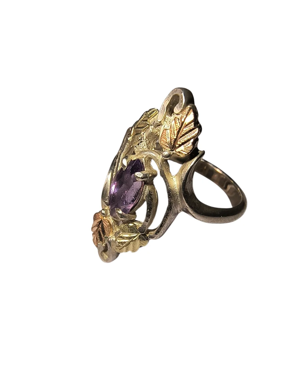 Vintage Coleman Co. Sterling And Amethyst Black Hills Gold Leaf Ring
